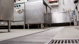Low angle view of clean restaurant kitchen floor.